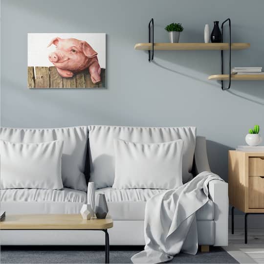 Stupell Industries Piglet on Wooden Fence Pink Farm Animal Canvas Wall Art